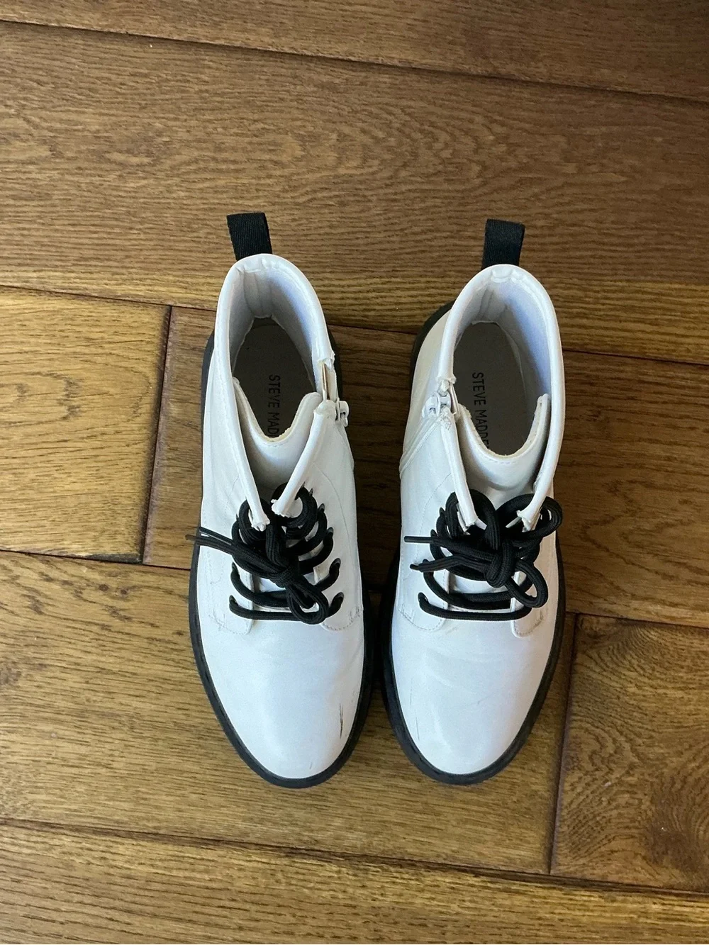 Steve Madden White Lace-Up Combat Boots with Black Lug Sole